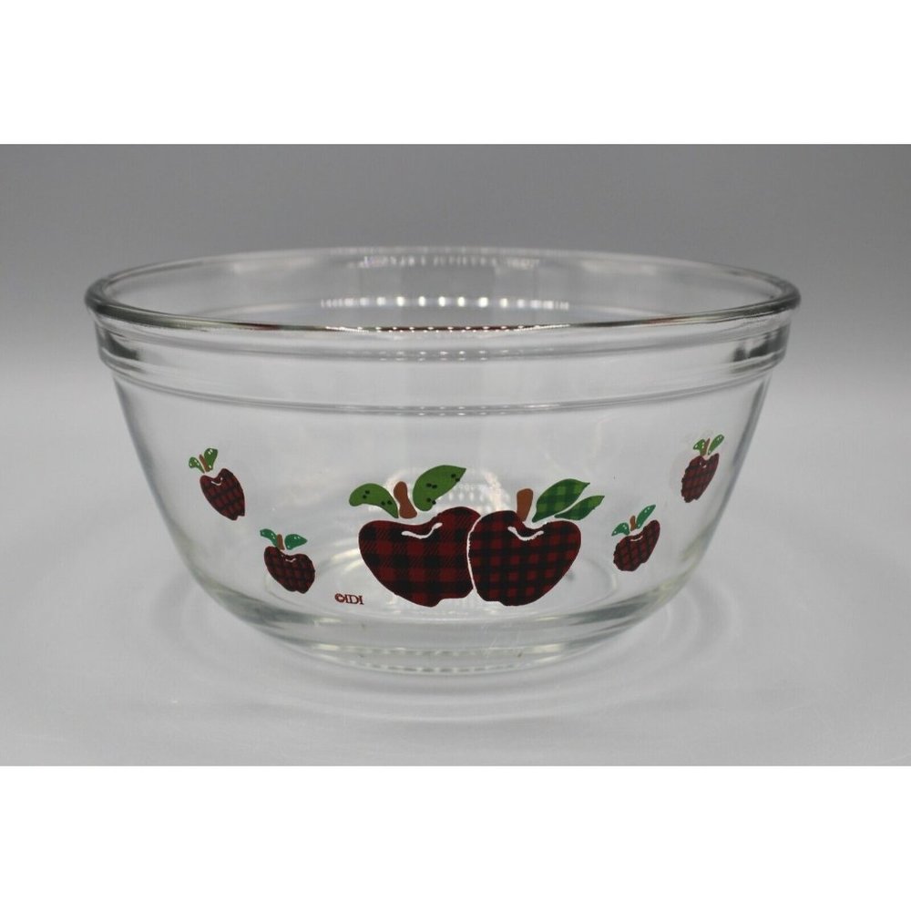 Anchor Hocking Plaid Apples Pattern 1057 1.5 Qt Clear Mixing Bowl 7" Nesting